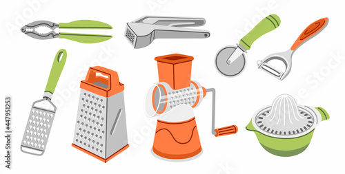Grater, garlic press, pizza knife, peeler, juicer, squeezer, vegetable cutter and nut cracker. Set of manual kitchen tools, kitchenware appliance, equipment. Hand-drawn vector illustrations.