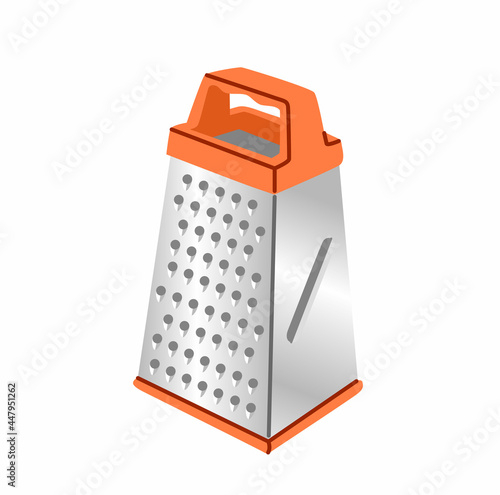 Metal hand grater. Kitchen tool isolated on white background. Kitchenware appliance. Vegetable and cheese slicer. Vector illustration.