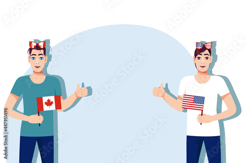 Canadian and American flags. Background for the inscription with flags. The concept of the competition between Canada and America. Feelings and emotions of male cheerleaders photo