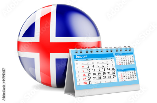 Desk calendar with Icelandic flag. 3D rendering