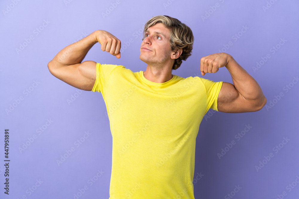 English man over isolated purple background doing strong gesture English man over isolated purple background doing strong gesture