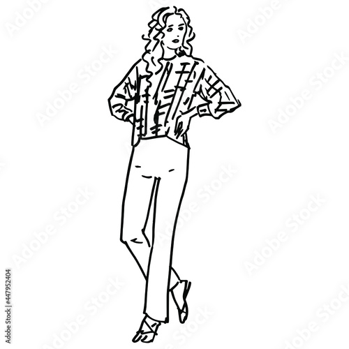 Pretty blonde girl standing with arms akimbo. Slender fancy young woman wearing pants and a shirt. Female portrait. Hand drawn linear doodle rough sketch. Black ink silhouette on white background.
