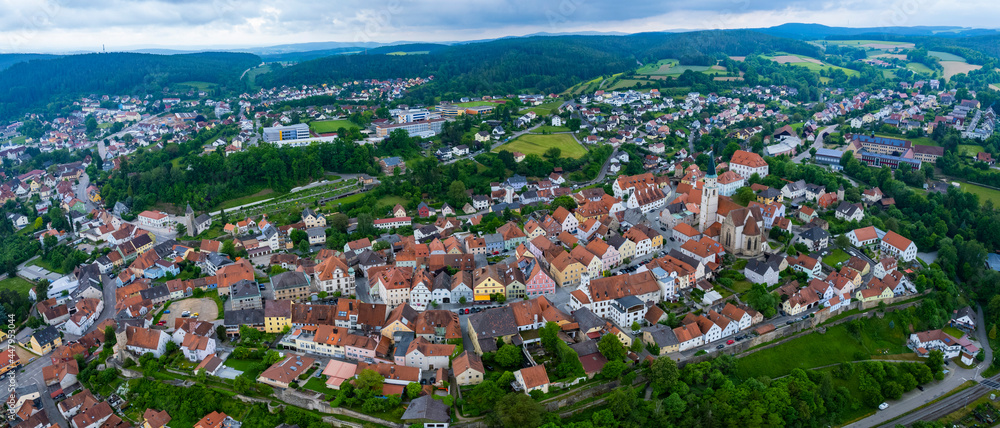 Aerial view of the city Nabburg in Germany, Bavaria. on a cloudy day in spring