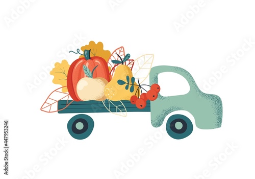 The farm's car is carrying a fresh harvest of fruit. Harvesting vegetables in autumn. Fresh garden produce and harvested fruits, vegetables, autumn leaves. All objects are separated. Vector