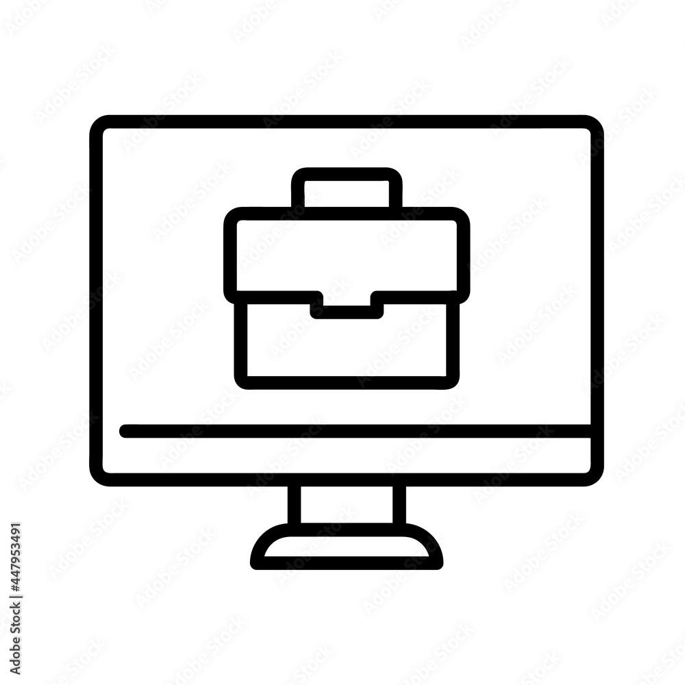 Remote work icon. Flat bag pictogram in pc screen for website. Line stroke. Isolated on white background. Outline vector eps10. Online communication at home