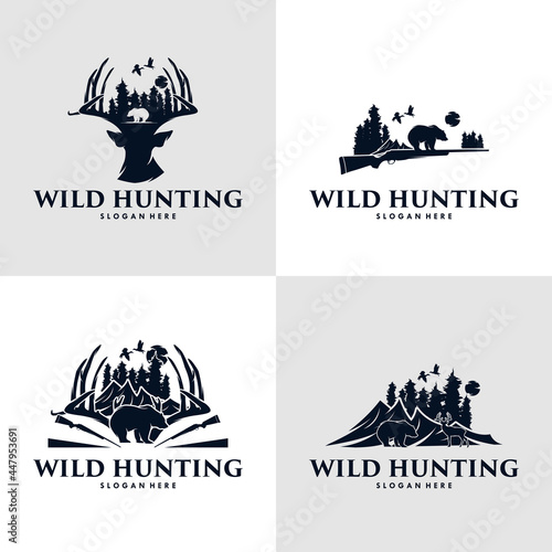 Collection of hunting duck, bear and deer hunt logo design