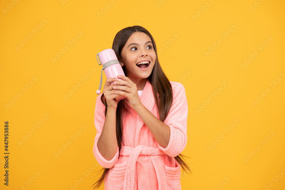 look at this. sweet dreams. comfortable pajama or home bathrobe. teen girl with thermos bottle. look at this. sweet dreams. comfortable pajama or home bathrobe. teen girl with thermos bottle.