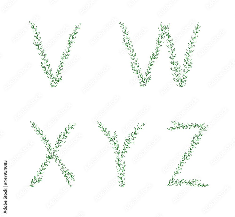 Green tree branch set of letters. Alphabet abc font capital letters for logo design. Green tree branch set of letters. Alphabet abc font capital letters for logo design.