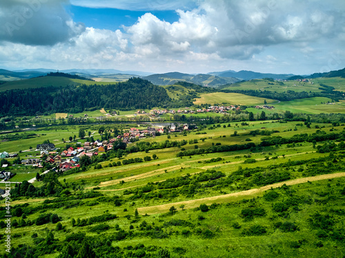 Beautiful aerial panoramic view of the Pieniny National Park, Poland in sunny day. Sokolica and Trzy Korony - English: Three Crowns (the summit of the Three Crowns Massif)