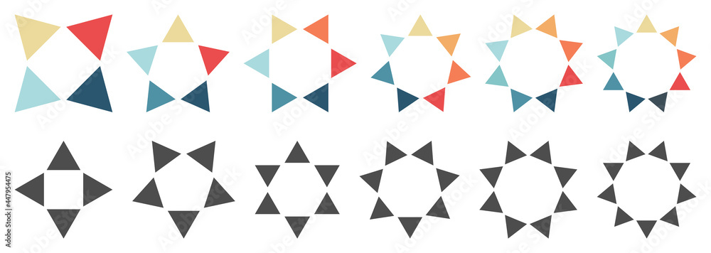Outward pointing triangles forming circle, version with four to nine objects. Can be used as infographics element Outward pointing triangles forming circle, version with four to nine objects. Can be used as infographics element