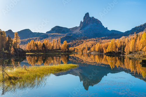 Fantastic autumn landscape. The view on Federa Lake at autumn. Dolomites, Cortina DAmpezzo, South Tyrol