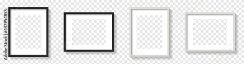 Realistic picture frame mockup A4 rectangle set. Isolated Black and white pictures frames mock-up, wall presentation. Blank frame border mockups. Vector illustration