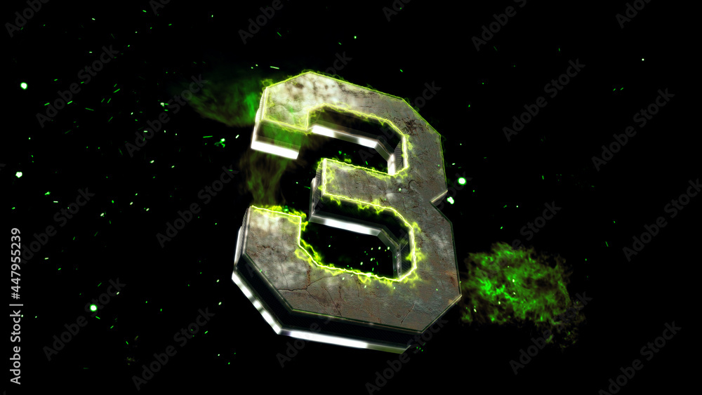 Metallic number 3 with green electricity sparks and glowing neon heat. 3D illustration.