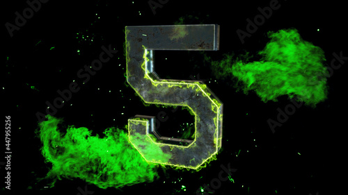 Metallic number 5 with green electricity sparks and glowing neon heat. 3D illustration.