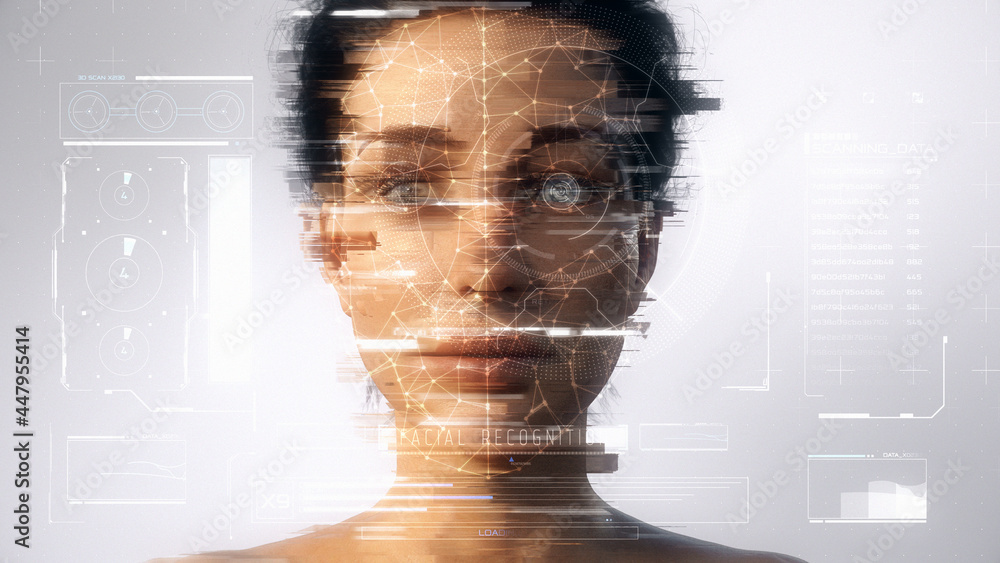 Distorted technological scanning of the face and retina of a beautiful woman avatar for facial recognition. Personal safety. Concept of: future, security, artificial intelligence. 3D Rendering. - obrazy, fototapety, plakaty 