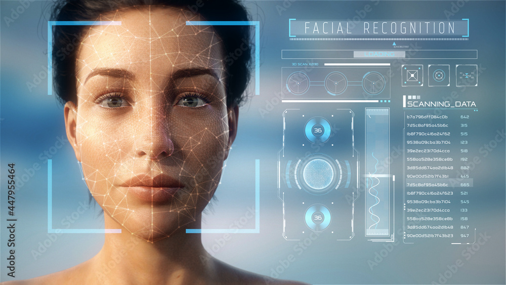 Futuristic and technological scanning of the face and retina of a beautiful woman avatar for facial recognition. Personal safety. Concept of: future, security, artificial intelligence. 3D Rendering. - obrazy, fototapety, plakaty 