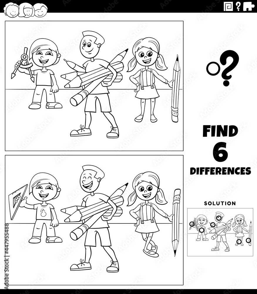 differences game with school pupils coloring book page
