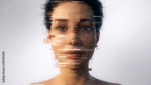 Distorted high-tech scanning of the face and retina of a beautiful 3D female avatar for facial recognition. Personal safety. Concept of: future, security, artificial intelligence. 3D Rendering.