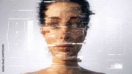 Distorted technological scanning of the face and retina of a beautiful woman avatar for facial recognition. Personal safety. Concept of: future, security, artificial intelligence. 3D Rendering. photo
