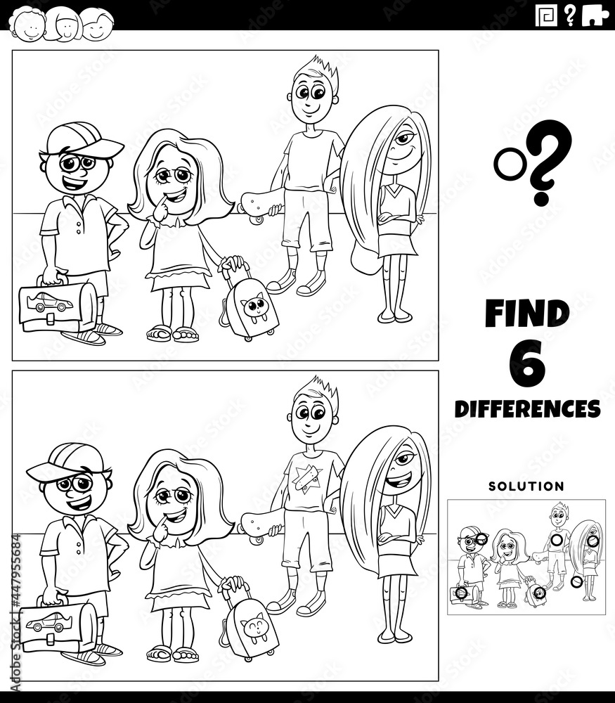 differences game with school kids coloring book page differences game with school kids coloring book page