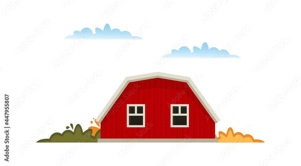 Red barn house Farm. Autumn hay harvest.