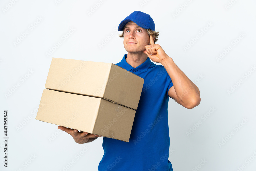 Delivery man over isolated white background having doubts and thinking Delivery man over isolated white background having doubts and thinking