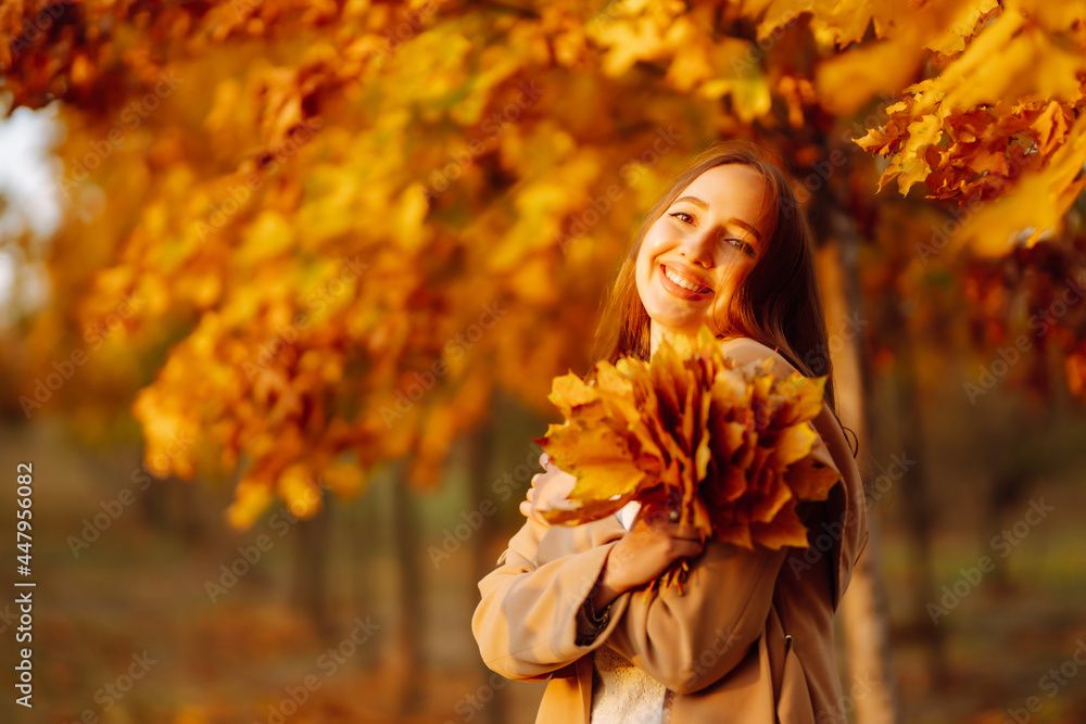 Young woman in park on sunny autumn day, smiling, having fun with leaves. Autumn fashion. Lifestyle. Relax, nature concept. Young woman in park on sunny autumn day, smiling, having fun with leaves. Autumn fashion. Lifestyle. Relax, nature concept.