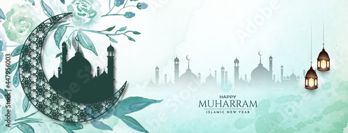 Happy Muharram and Islamic new year religious greeting banner