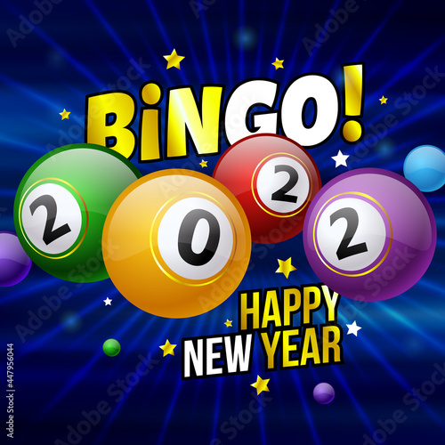 Bingo 2022 square banner. Colored billiard balls on a blue background. The concept of the holiday, games and Happy New Year. Vector, illustration