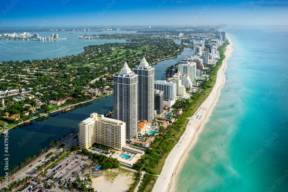 Fototapeta premium Aerial View from a Helicopter of Miami Beach,.South Miami Beach, .Miami Dade,.Florida.North America,.USA