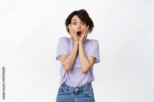 Image of surprised, speechless brunette girl drop jaw, WOW face, holding hands on face, staring impressed at camera, unbelievable news, standing over white background