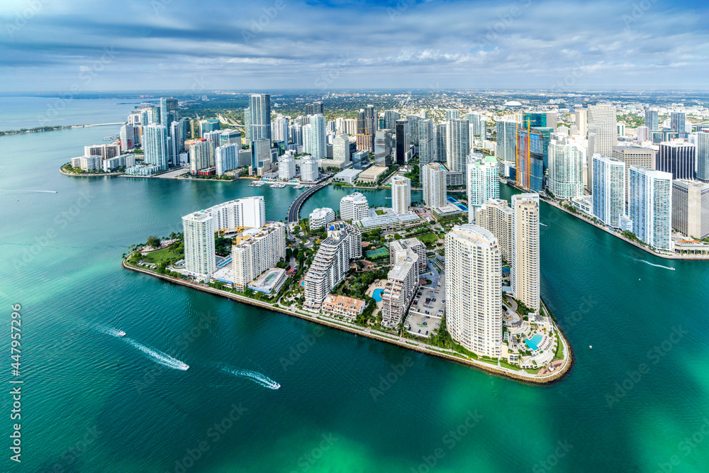 Obraz premium Aerial View from a Helicopter of Miami Downtown,.Brickell Key.South Miami Beach, .Miami Dade,.Florida.North America,.USA