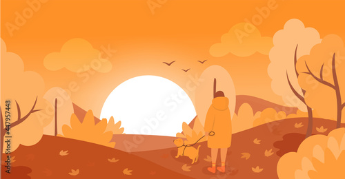 A girl in a raincoat walks the dog. Illustration of an autumn pastime in nature  a walk with an animal