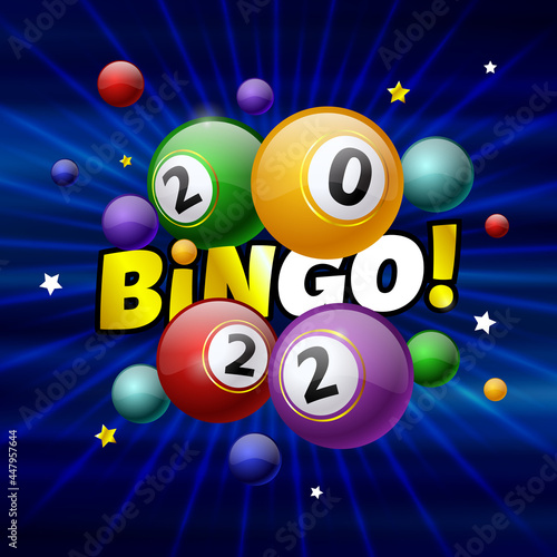 Bingo! Colored billiard balls with numbers 2022 on a blue background. Holiday concept and Happy New Year. Vector, illustration