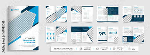 Corporate modern bi fold brochure template and company profile with blue and black creative shapes annual report design ,Multipurpose editable template