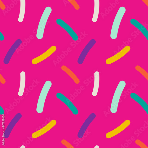 Rainbow sprinkles pattern. For textile, product application. Pink background. Sweet and fun. Vector illustration, flat design