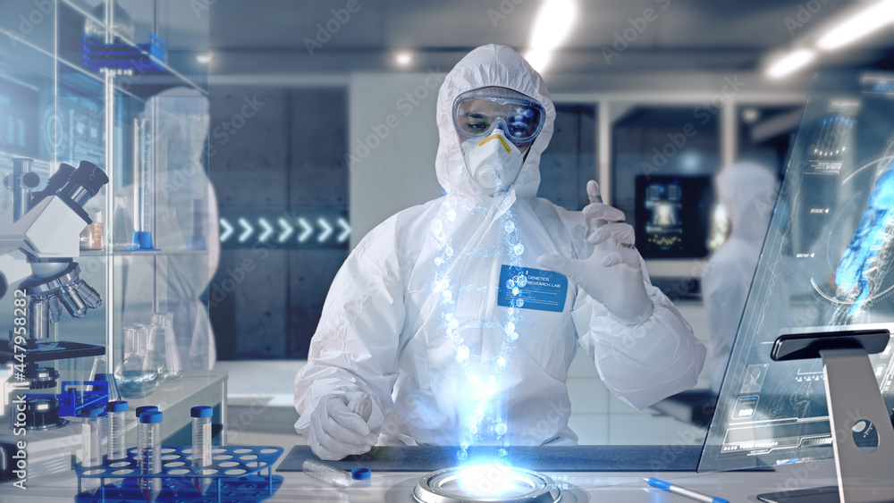 Fototapeta premium Male Scientist analyzing and interacting with a 3D Rotating DNA Molecule Hologram in a Secure High Level Modern Laboratory. Genetic Engineering Research Facility.