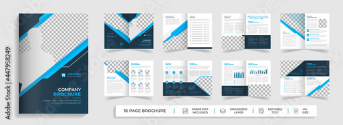 Corporate modern bi fold brochure template and company profile with blue and black creative shapes annual report design ,Multipurpose editable template