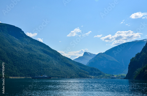 Beautiful nature natural landscape of the branch of Sognefjord famous for his beautiful boat trip through the fjord on summer day. Norway.
