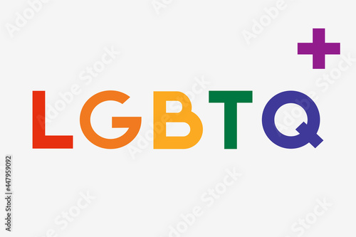 LGBTQ plus colorful letters, gender, pride month, identity. Lettering, typography. Flat desing