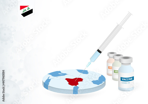 Vaccination in Iraq with different type of COVID-19 vaccine. Сoncept with the vaccine injection in the map of Iraq.