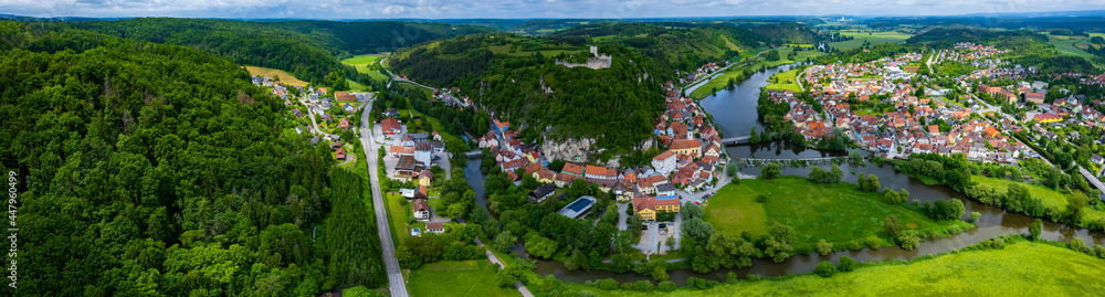Aerial view of the city Kallmünz in Germany, Bavaria. on a sunny day in spring