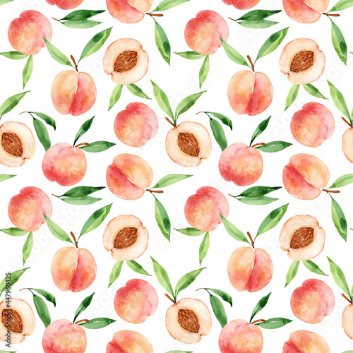 seamless pattern with juicy fruit peaches, watercolor illustration on white background	
