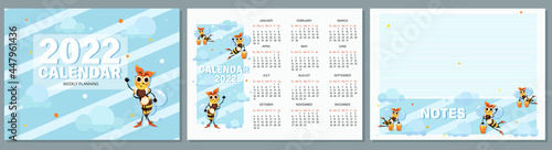 Bees calendar 2022. Set of pages for calendar, childrens notebook, organizer with cute bees.