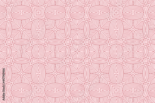Geometric volumetric convex 3D pattern for wallpapers, presentations, websites, textiles. Embossed stylish background in traditional oriental style. Pink texture with ethnic ornament.