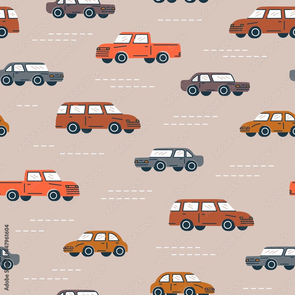 Seamless trendy pattern. A classic cars in retro color on beige background. Vintage style. Design for use in textiles, fabrics for kids, publications, gift wrap Vector illustration
