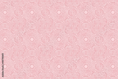 Geometric volumetric convex 3D pattern for wallpapers, presentations, websites, textiles. Embossed decorative background in traditional oriental style. Pink floral texture with ethnic ornament.