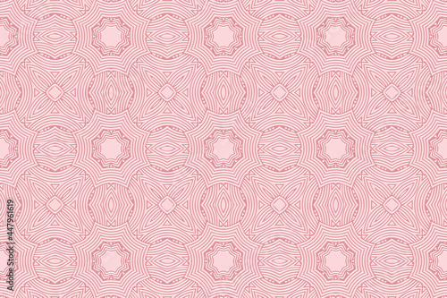 Geometric volumetric convex 3D pattern for wallpapers, presentations, websites, textiles. Embossed abstract background in traditional oriental style. Pink floral texture with ethnic ornament.