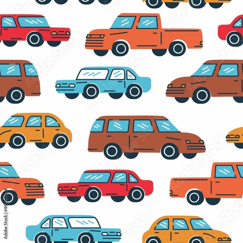 Seamless trendy pattern. A classic cars in retro color on white background. Vintage style. Design for use in textiles  fabrics for kids  publications  gift wrap Vector illustration