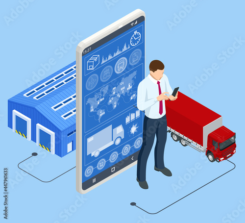 Isometric Global logistics network concept. Interactive panel for tracking cargo online. Maritime, air shipping transport logistic, warehouse storage concept, export or import